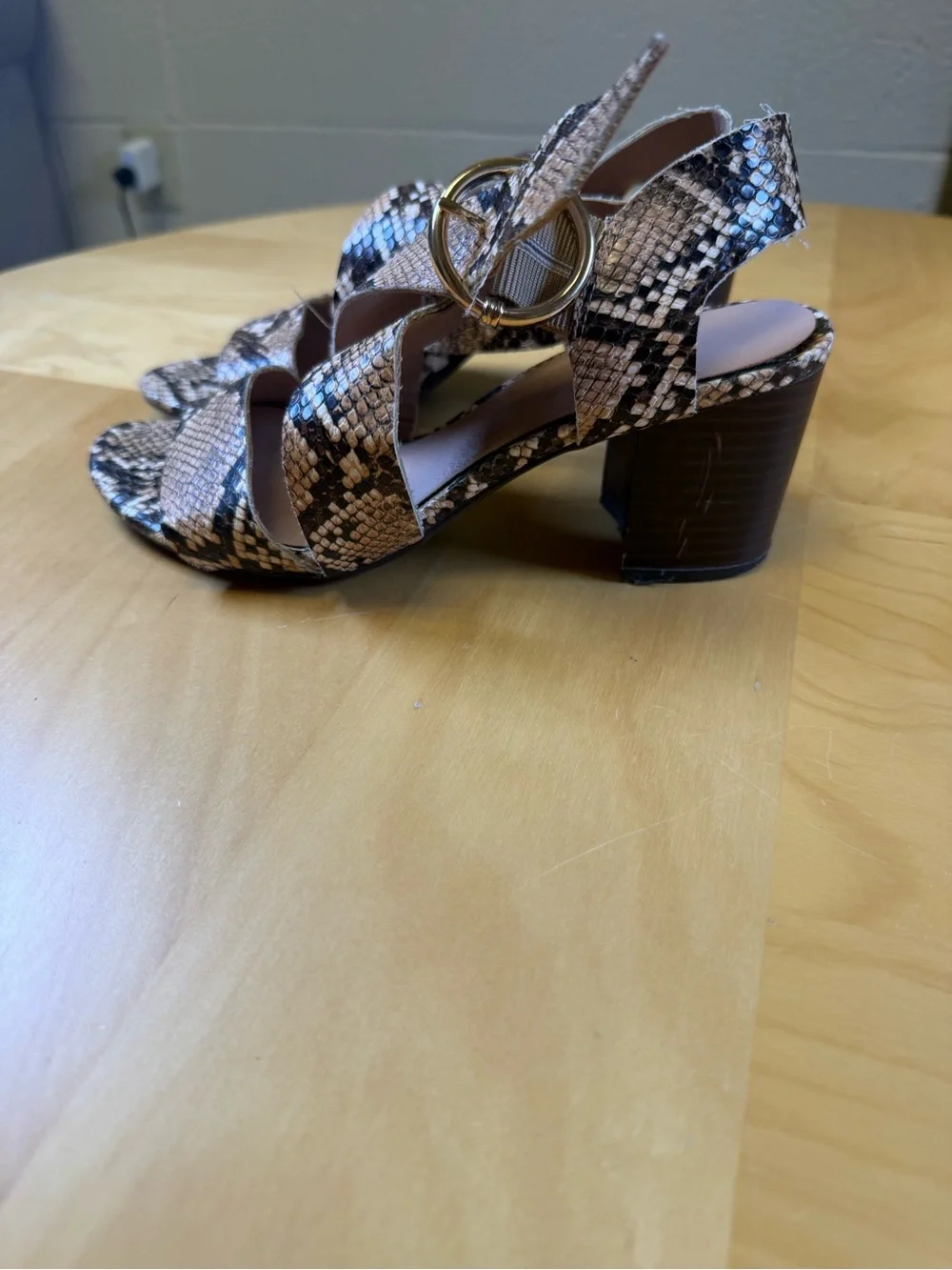 New Look Snake-Print Block Heels in Beige and Black